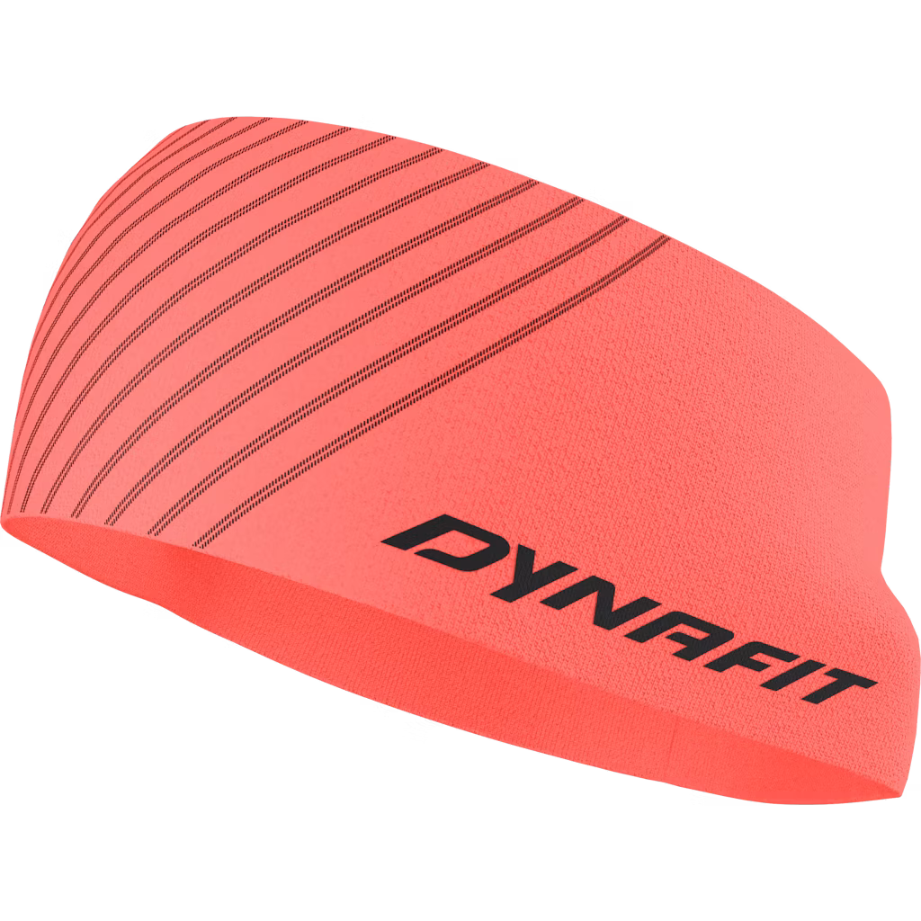 Bandeau Dryarn de couleur corail Gros plan : bandeau Dryarn de couleur corail avec de fines bandes noires et le logo Dynafit.