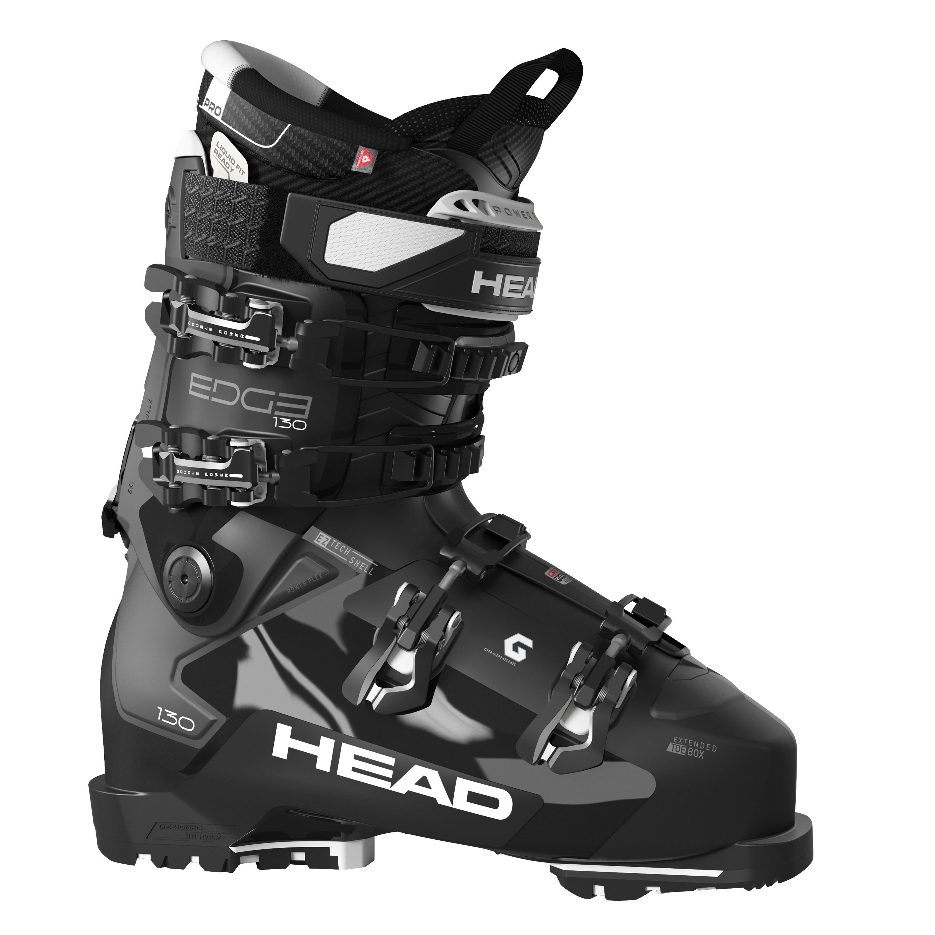 Schwarzer Head Edge 130 HV GW Skischuh mit vier Schnallen in Seitenansicht.