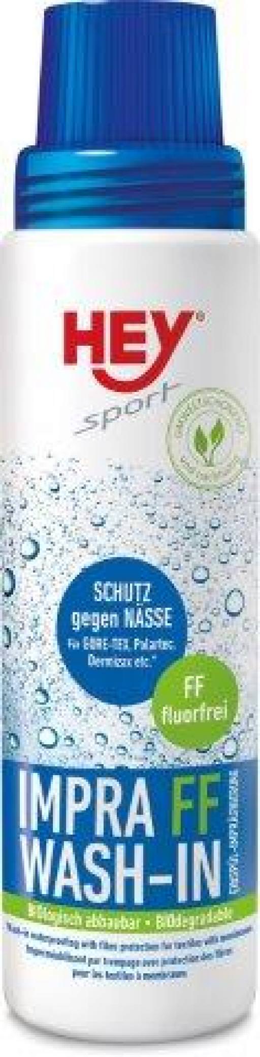 Weiße Flasche Impra Wash-In mit blauem Deckel. Aufschrift: Schutz gegen Nässe, fluorfrei.