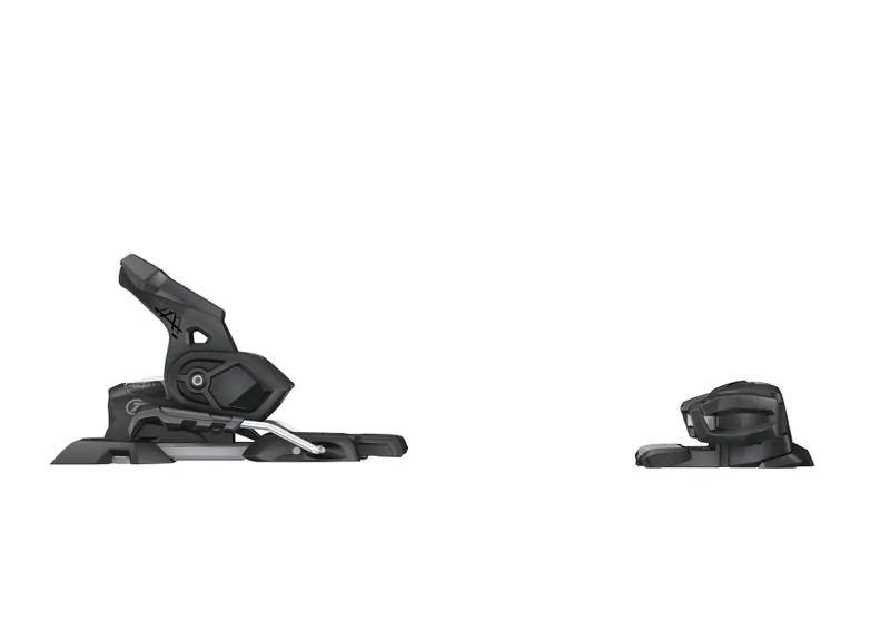 Schwarze TYROLIA Attack² 14 GW Ski-Bindung, seitliche Ansicht mit Vorder- und Hinterteil auf weißem Hintergrund.