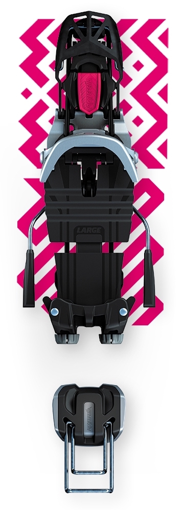 NTN Freedom Long 95MM Skibrake Bindung in Schwarz und Silber mit pinkfarbenem Muster im Hintergrund.