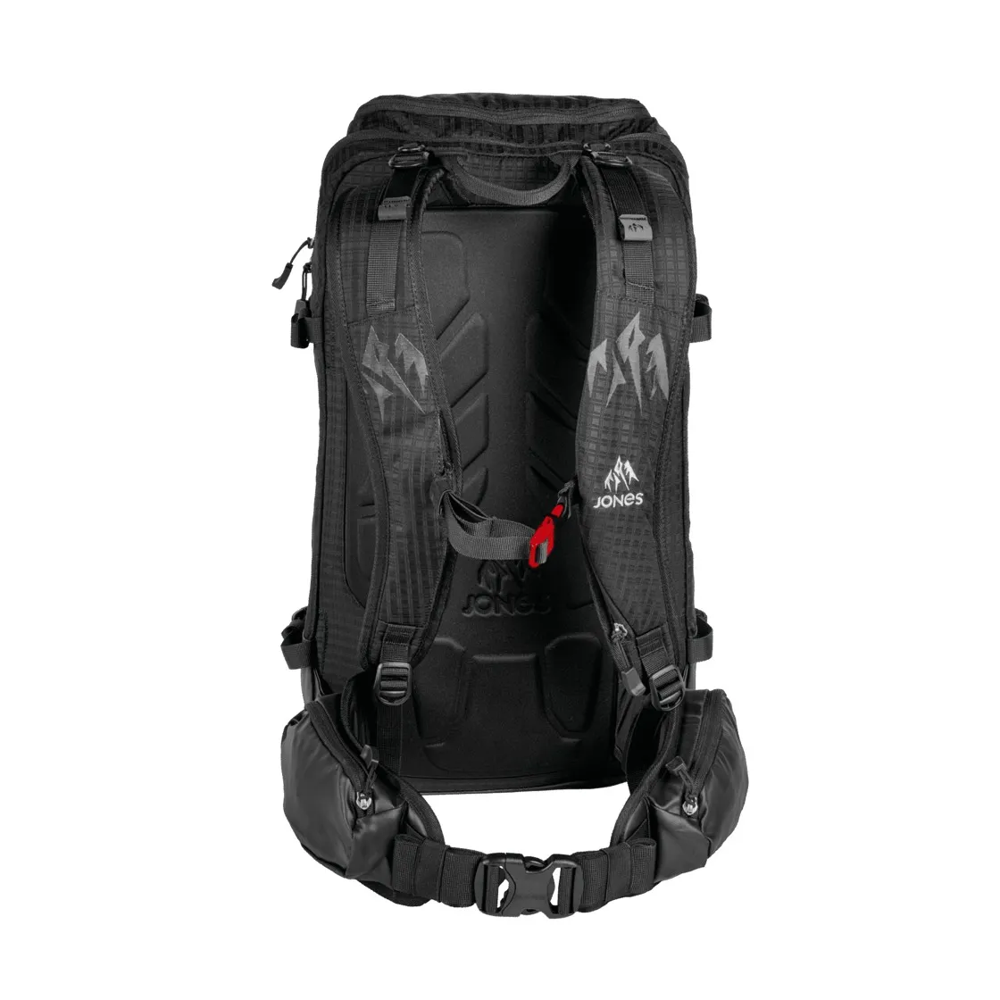 Zaino da turismo nero DSCNT 25L di Jones, vista posteriore con cinghie, cintura e logo del produttore.