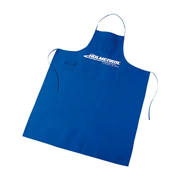 Blue workshop apron with pockets and Holmenkol logo for ski and snowboard waxing.