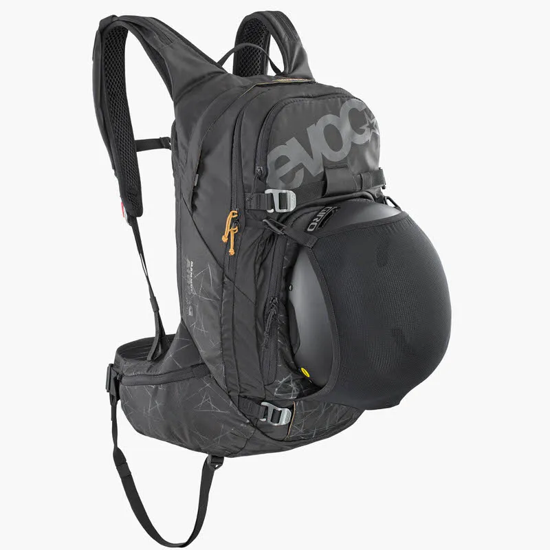 Black Evoc Line R.A.S. Protector 22L backpack with helmet holder against a neutral background.