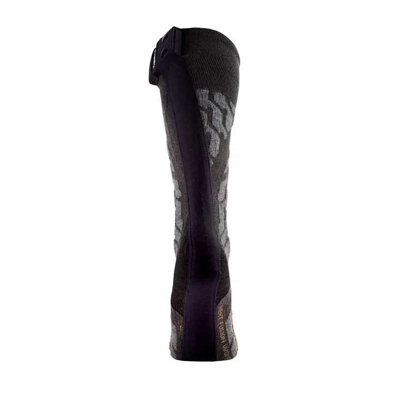 Knee-high socks in gray and black with 'Heat Fusion Women' inscription, battery on the cuff.