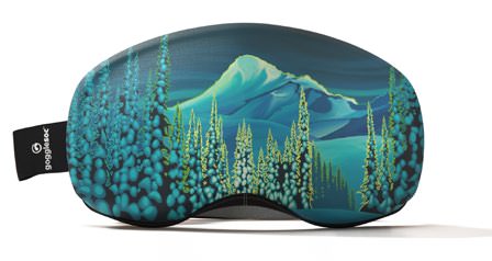 McCrae Pro Soc: Ski goggle protection with mountain and forest motif in shades of blue and green.