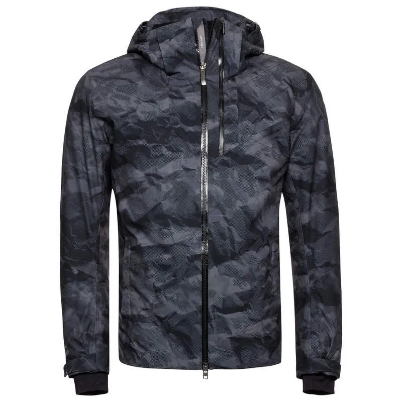 Front view of the Head Storm Jacket with hood in camouflage print, closed in the middle with a zipper.