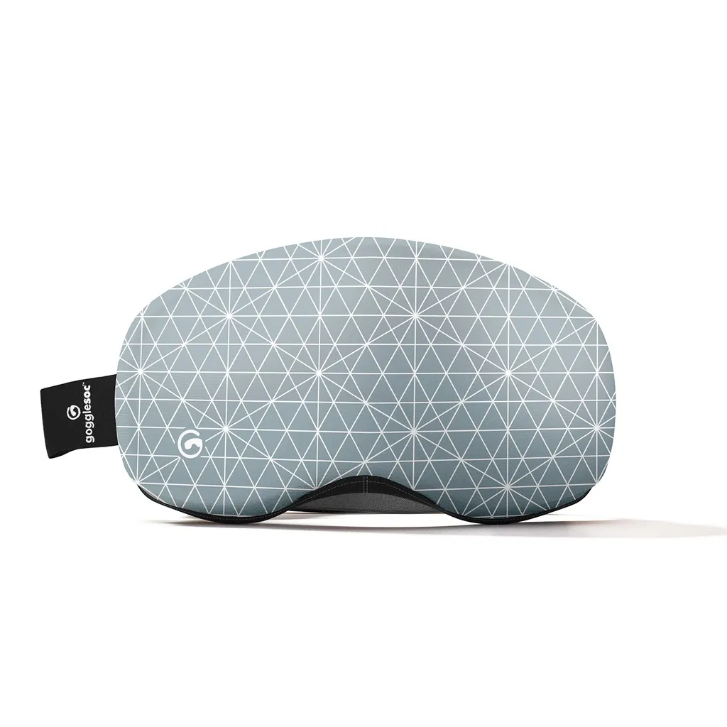 Gray and white Criss Cross Pro Soc ski goggle protective cover with geometric triangular pattern. Black manufacturer's label on the side.
