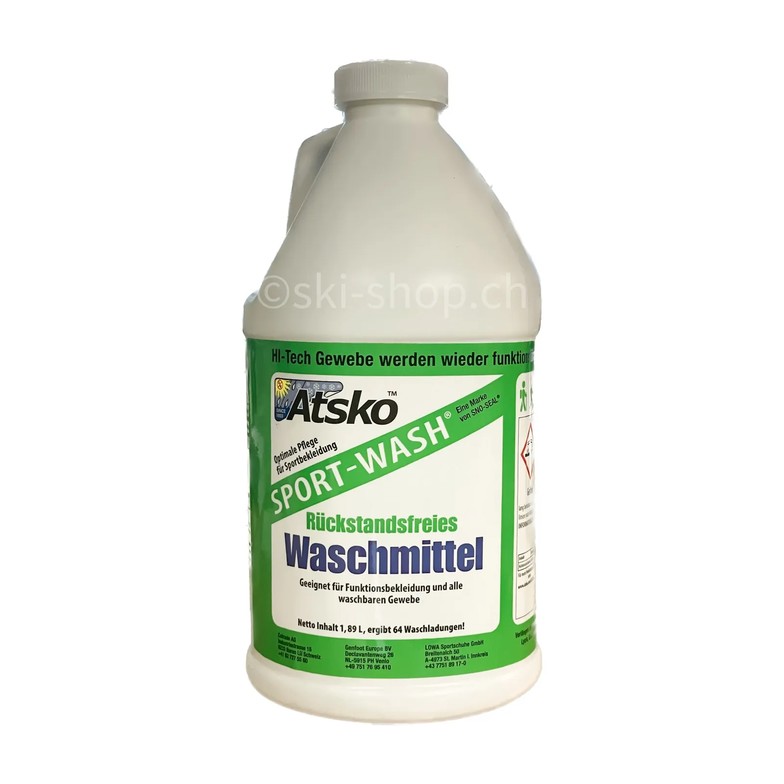 Flacone bianco di detersivo Sport-Wash con etichetta verde per abbigliamento sportivo traspirante.