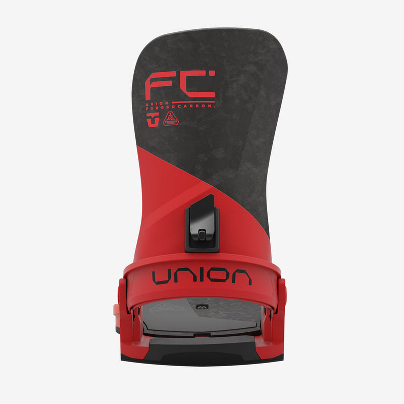 Union Atlas FC snowboard binding in lava orange, front view. Red and dark gray.