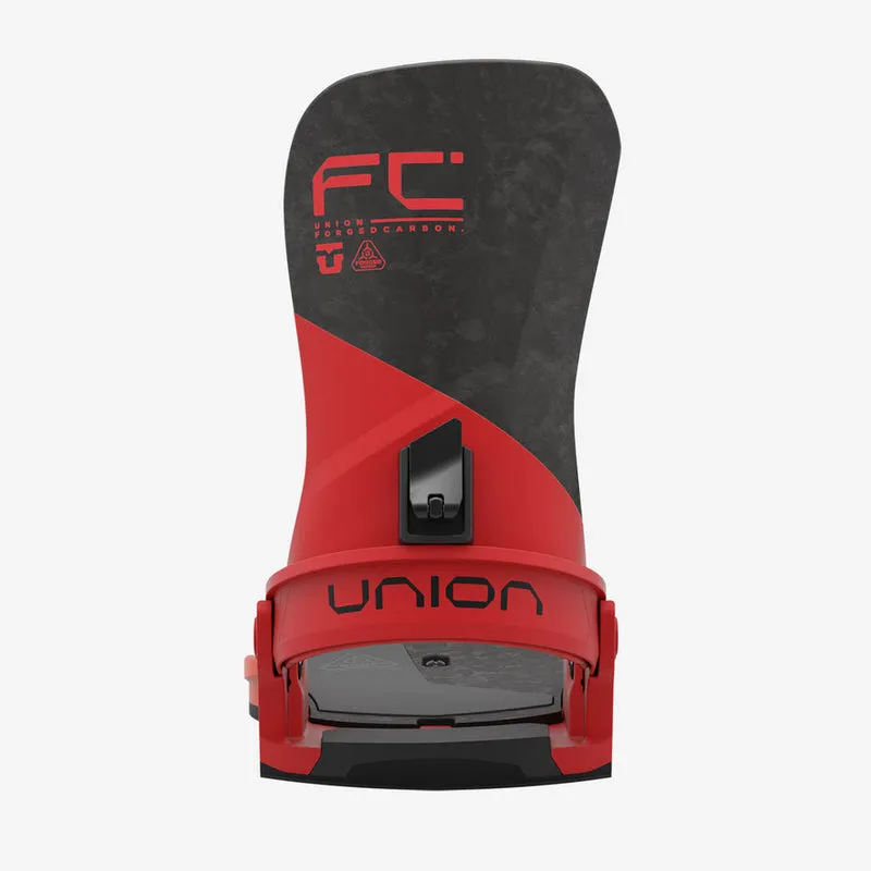 Union Atlas FC snowboard binding in lava orange, front view. Red and dark gray.