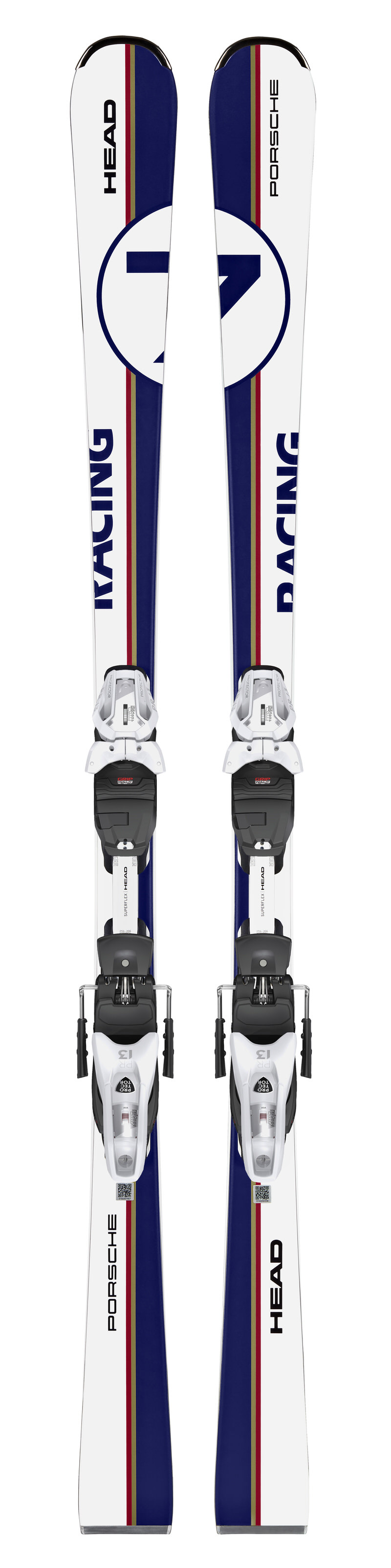 Draufsicht auf weißen Head Porsche 7 Series Ski mit blauen und goldenen Akzenten und montierten Bindungen.