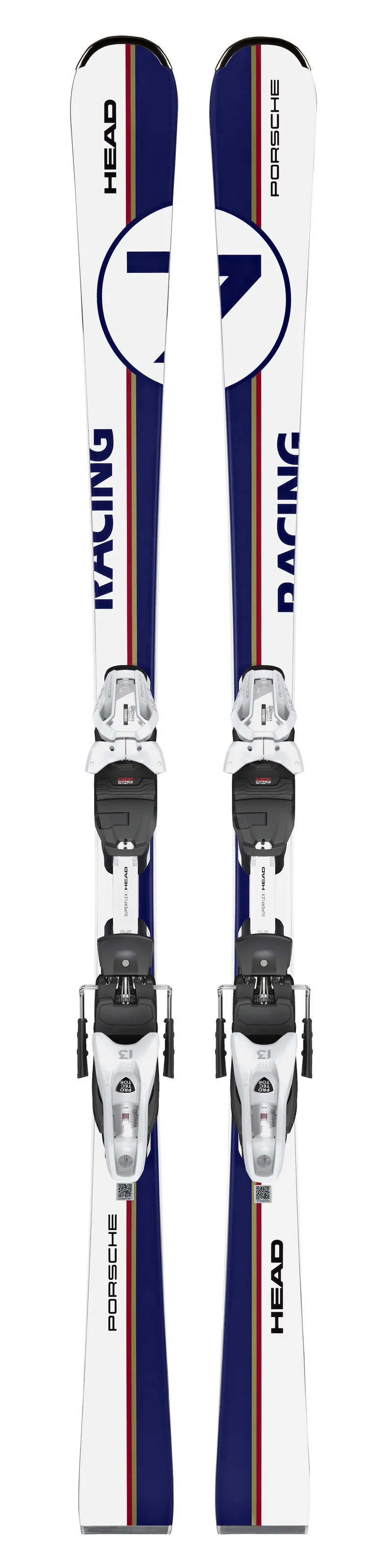 Vue de dessus d'un ski Head Porsche 7 Series blanc avec des accents bleus et dorés et des fixations montées.