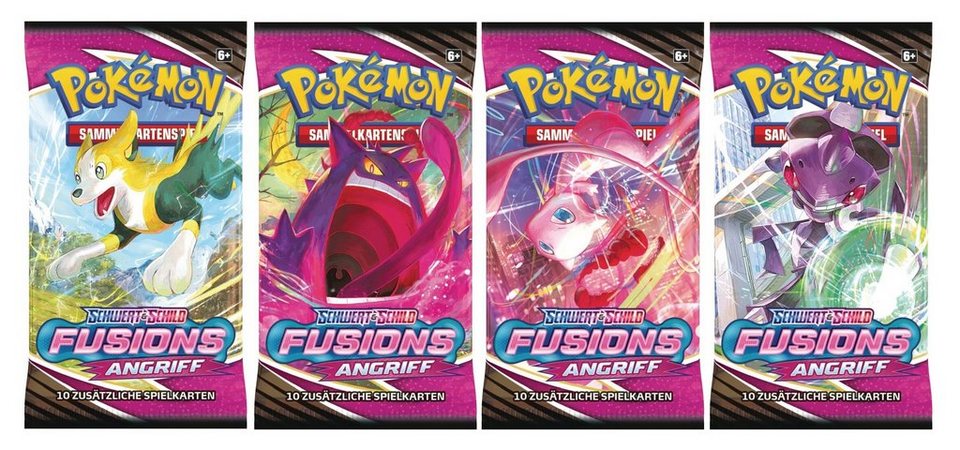 Vier Boosterpacks Pokémon Schwert & Schild Fusionsangriff mit je einem anderem Artwork.