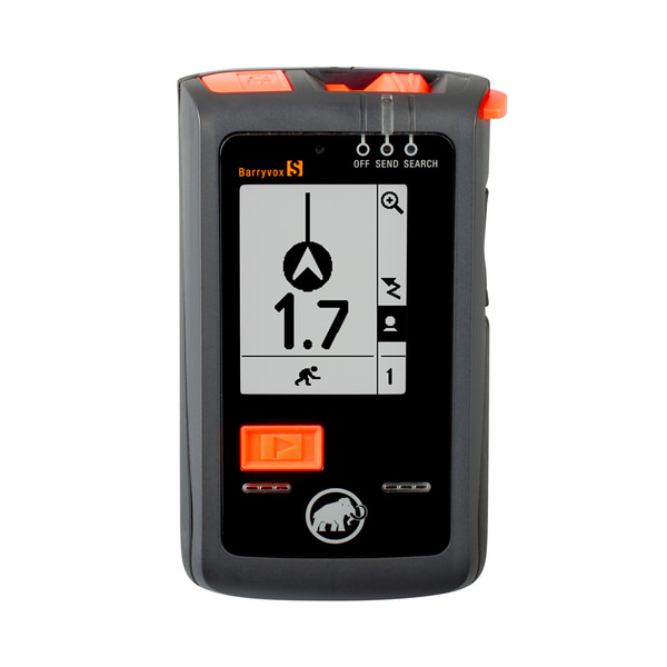 Le DVA Barryvox S en gris et noir, avec des boutons orange et un écran avec des instructions de recherche.