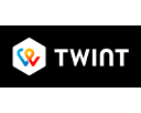 Logo von Twint: Sechseck mit stilisiertem, farbigem "T" daneben der Schriftzug "TWINT" in serifenloser Schrift auf schwarzem Grund.
