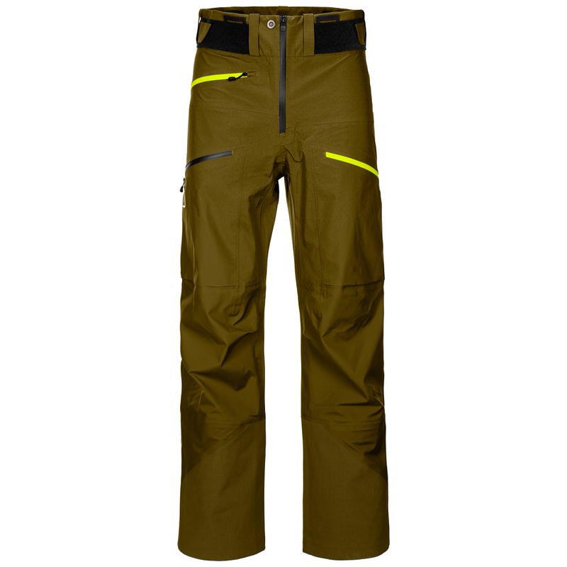 Freeridehose 3L Deep Shell Pants M Green Moss, Frontansicht. Details: Reißverschlüsse, Taschen, Klettbund, olivgrüner Farbton.