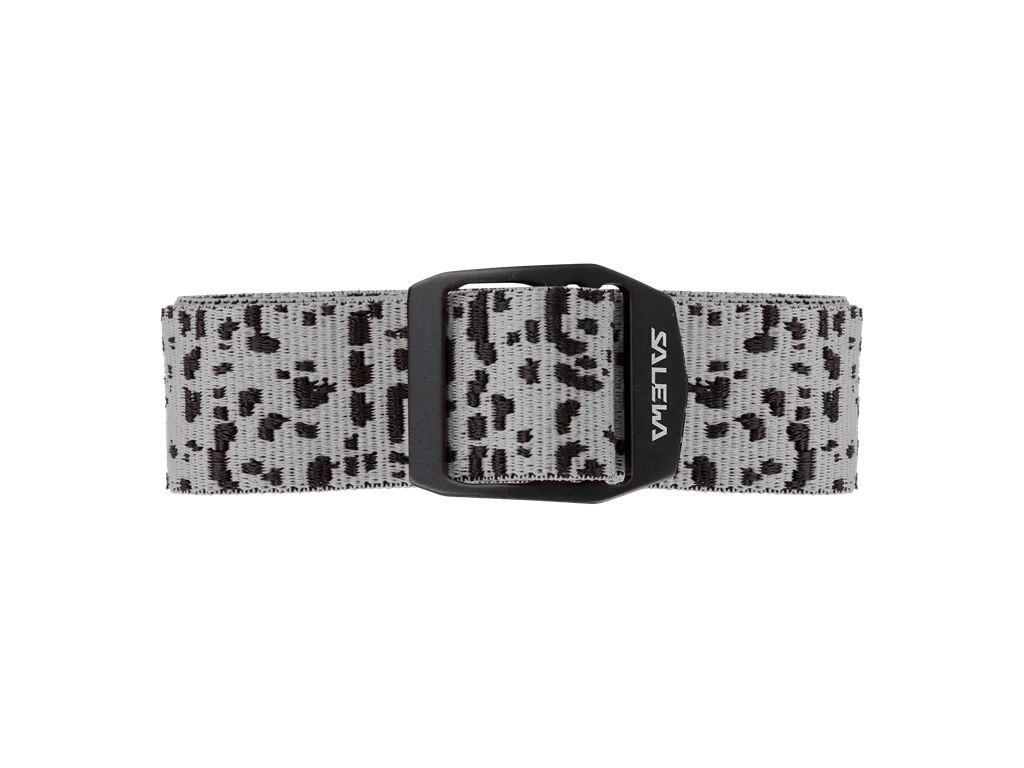 Ceinture de pantalon grise avec un motif de salamandre sombre et une boucle noire.