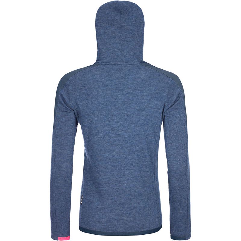 Rückansicht eines blauen Merino Terry Hoody für Frauen mit Kapuze und langen Ärmeln.