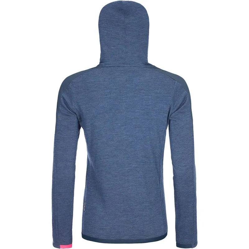 Rückansicht eines blauen Merino Terry Hoody für Frauen mit Kapuze und langen Ärmeln.