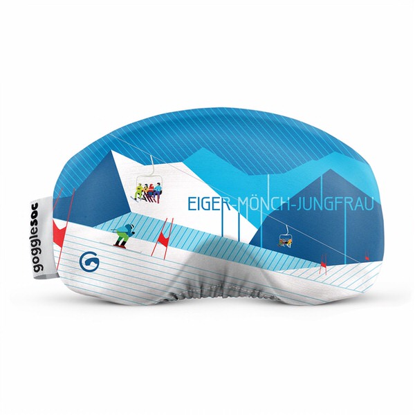 Bergmotiv Brillensocke Brillensocke mit blau-weissem Bergmotiv, Skifahrer und Bergbahn aufgedruckt, Text Eiger-Mönch-Jungfrau.
