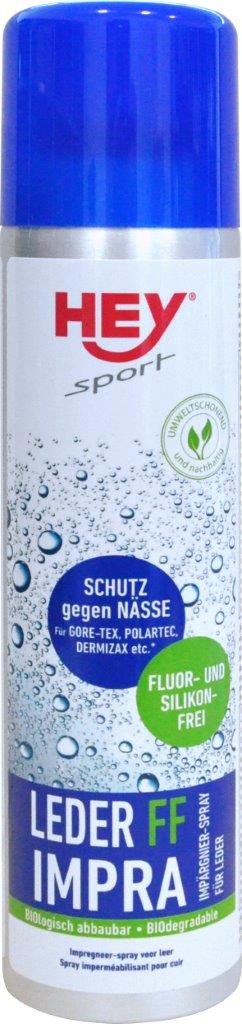 Aérosol de cuir FF Impra Bombe aérosol cuir FF Impra de Hey Sport avec couvercle bleu et inscription. Protection contre l'humidité, sans fluor ni silicone.