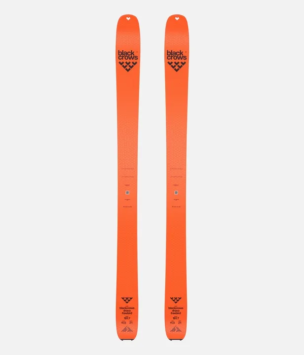 Two orange Black Crows Draco Freebird touring skis, aligned from top to bottom, on a light background.
