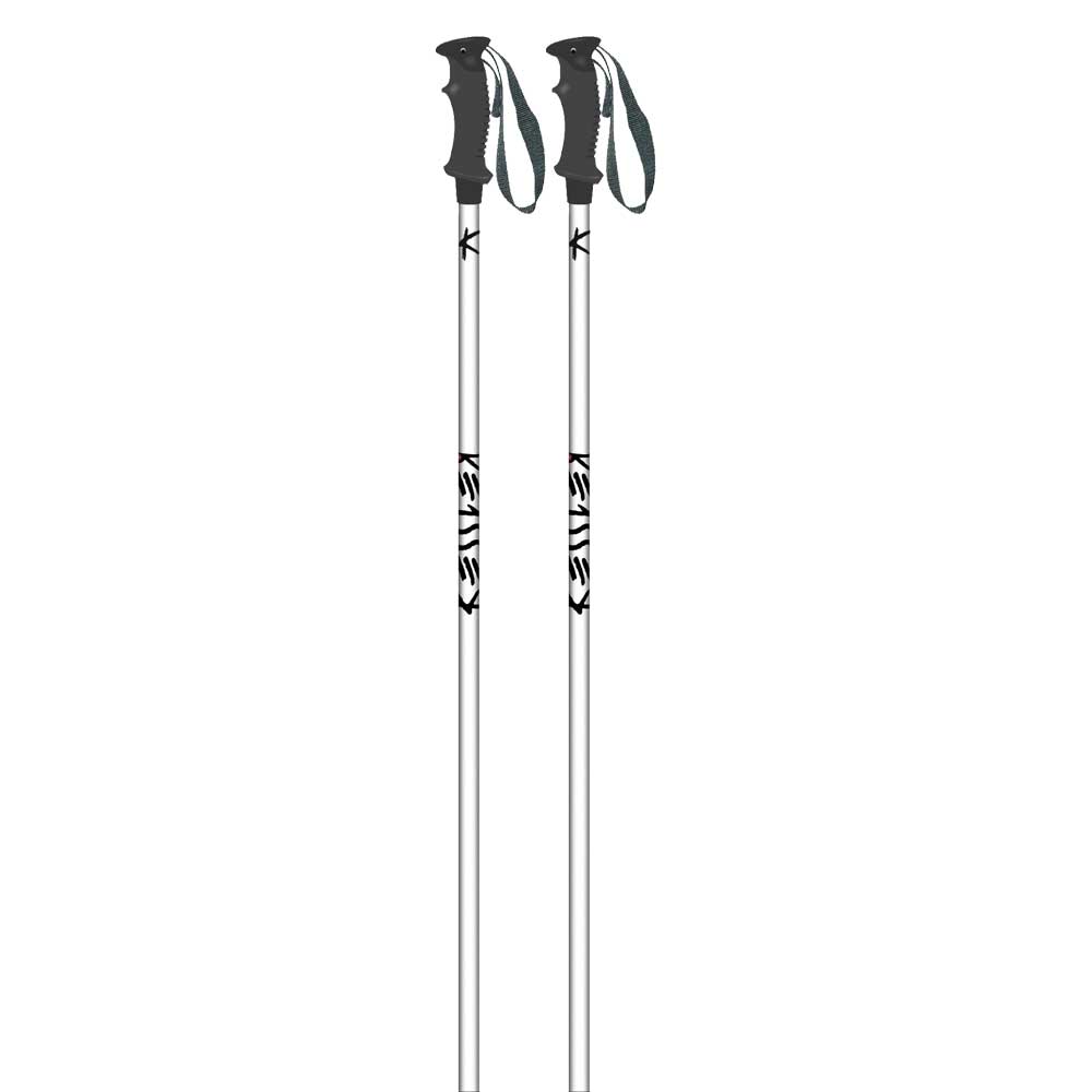 Bâtons de ski blancs Kessler Deux bâtons de ski Kessler blancs avec poignées et dragonnes noires.