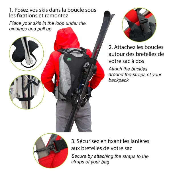 Skiback: person with backpack, skis attached to the backpack, details for attaching the skis to the backpack.
