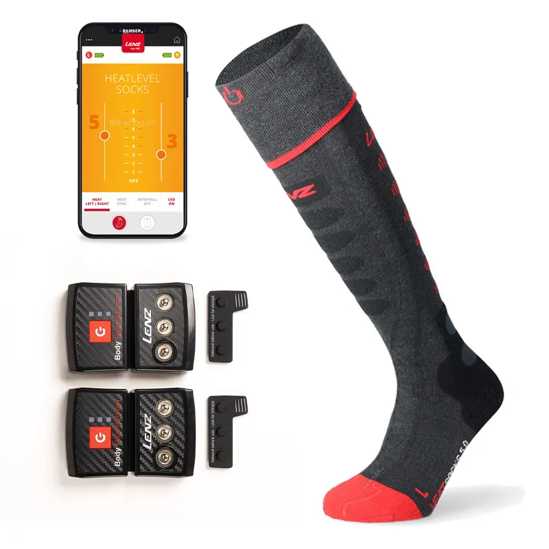 Gray Lenz heating sock with rechargeable batteries, operating instructions and app display.