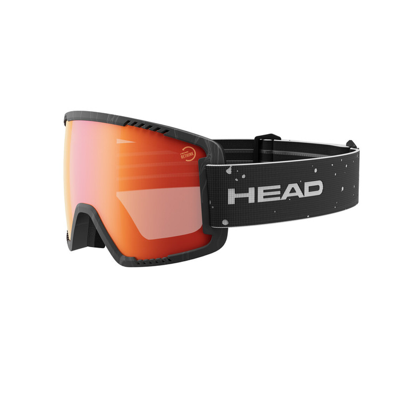 Nahaufnahme der Head Contex L Skibrille mit verspiegelten Gläsern und schwarzem Band mit dem "HEAD" Logo.