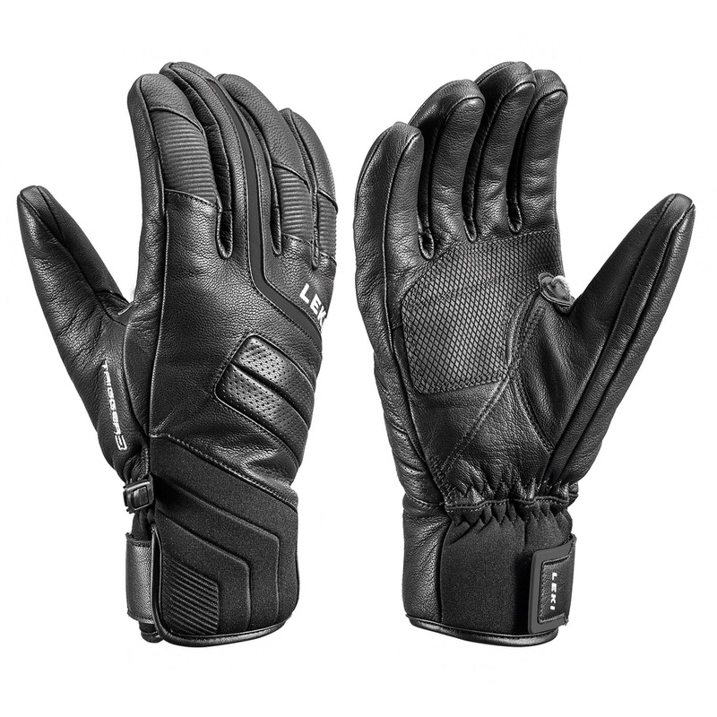 Zwei schwarze Leki Phoenix 3D Handschuhe, Handflächen einander zugewandt, Details und Logos sichtbar.