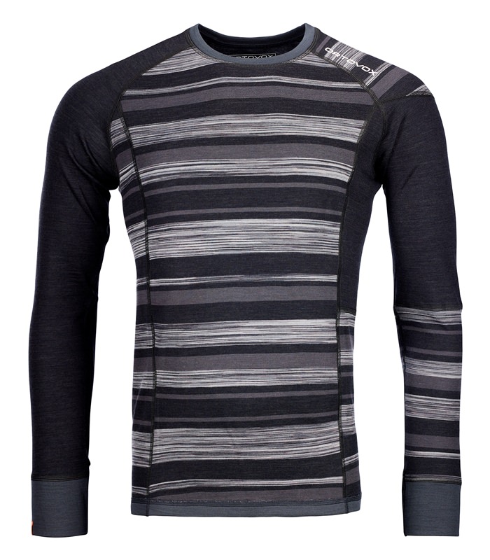 Rayé noir et gris Ortovox 210 Supersoft Long Sleeve pour hommes, manches longues, encolure ronde.