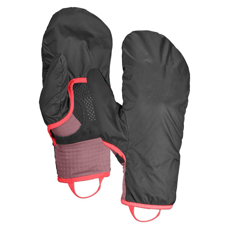 Due guanti Ortovox Fleece Grid Cover di colore nero e rosa di montagna.
