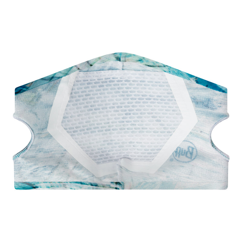 Blaue Buff Filtermaske Nahaufnahme der Innenseite einer blauen Buff Filter Maske mit sichtbarem Filtereinsatz.