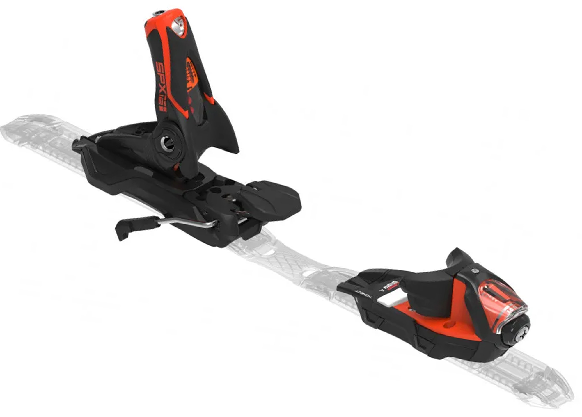 Nahaufnahme der Skibindung Look SPX 12 Konect GW in Hot Red. Die Bindung ist montiert auf einer transparenten Platte.