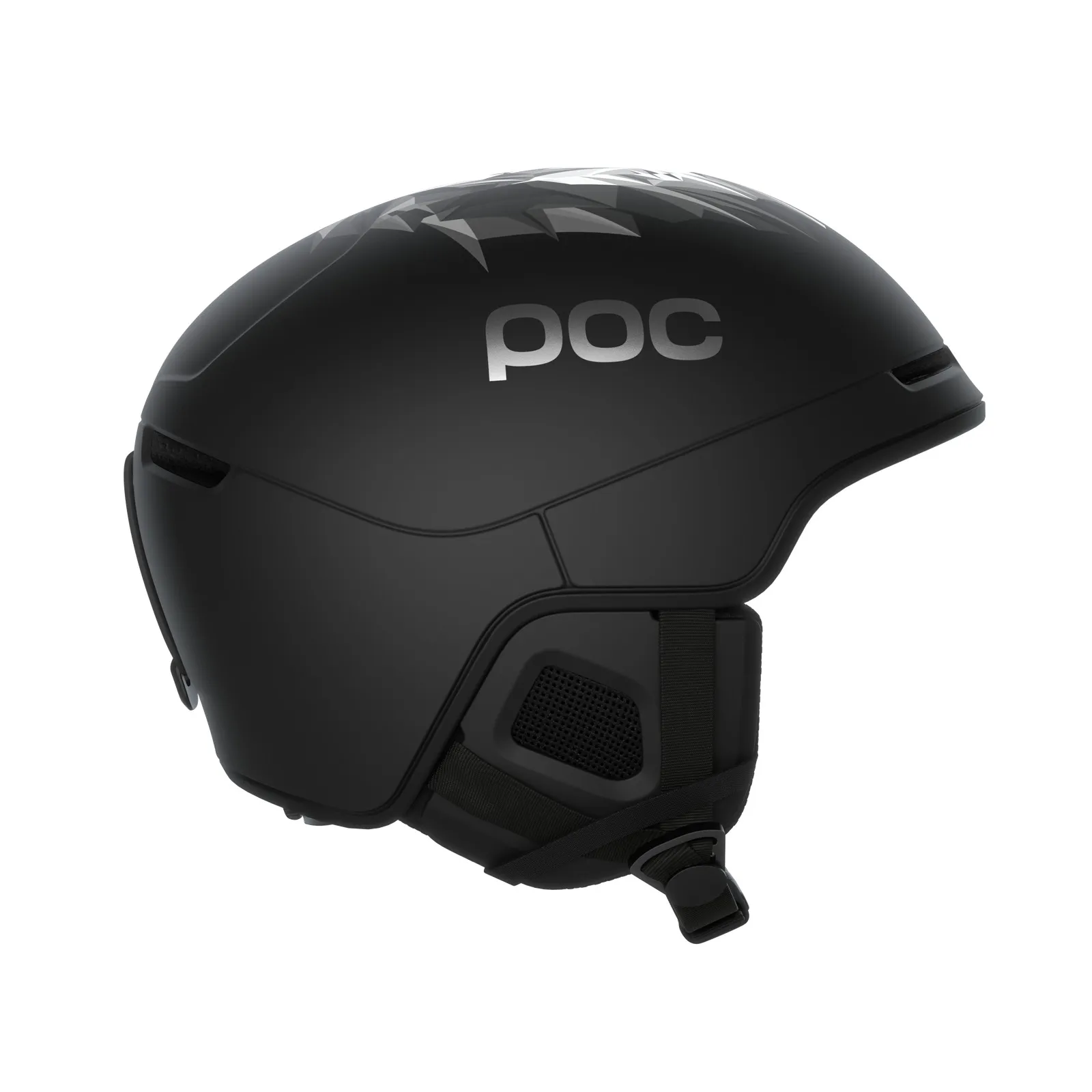 Casque de ski POC Obex Pure noir, vue latérale, avec un discret motif de lion et le logo POC sur le côté.