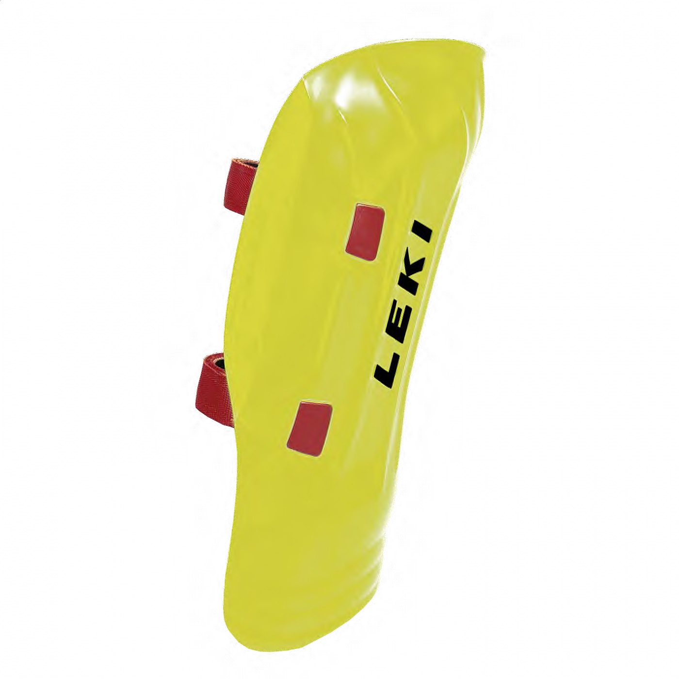 Neon gelber Leki Schienbeinschutz Worldcup Pro Junior mit roten Gurten und schwarzem Leki Logo.