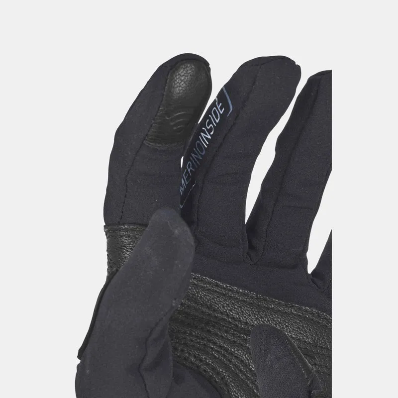Close-up of a black Ortovox 185 Rock n Wool Glove Liner Women. The finger area shows texture and the "Merino Inside" label.
