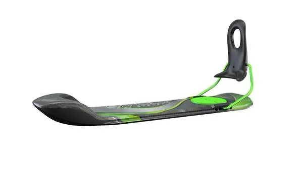 Bootski Carbon Green Edition auf weißem Hintergrund. Detailansicht mit grünen Akzenten und schwarzer Schuhhalterung.