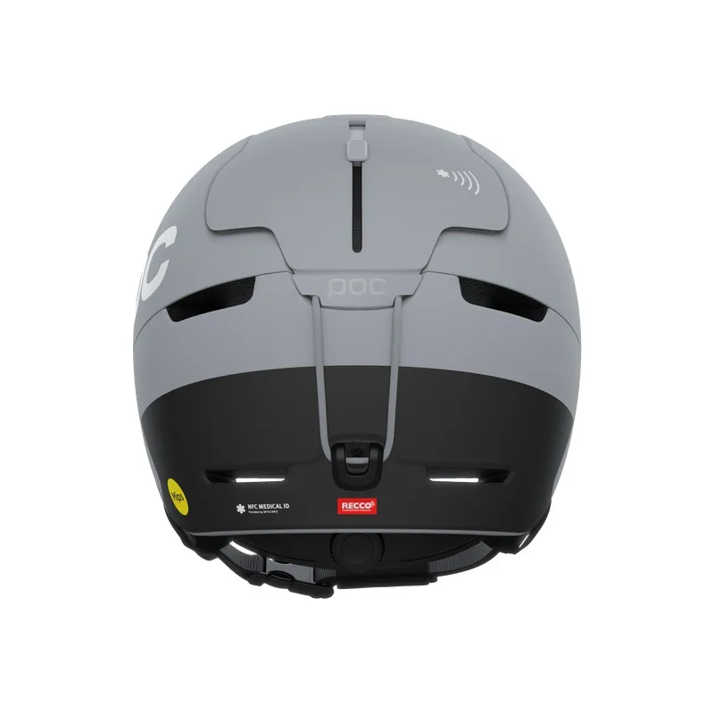 Gray-black ski helmet from behind, with ventilation slits, "POC" logo and RECCO reflector. The MIPS logo is also visible.