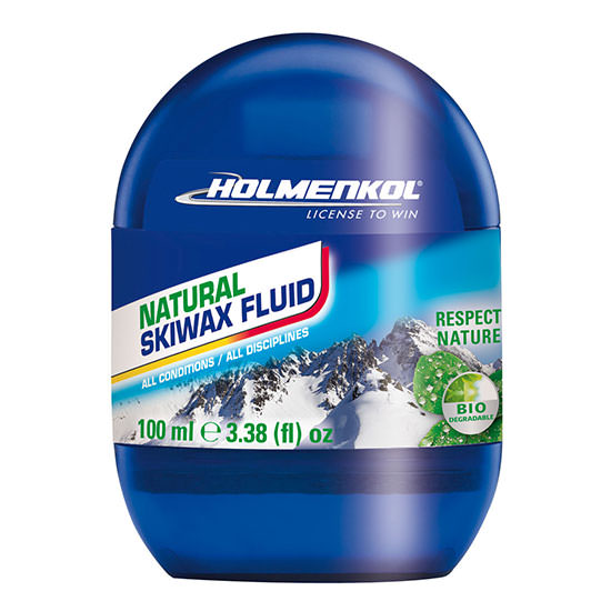 Blauer Behälter Natural Skiwax Fluid mit Logo, Schneemotiv und "Respect Nature"-Aufdruck.