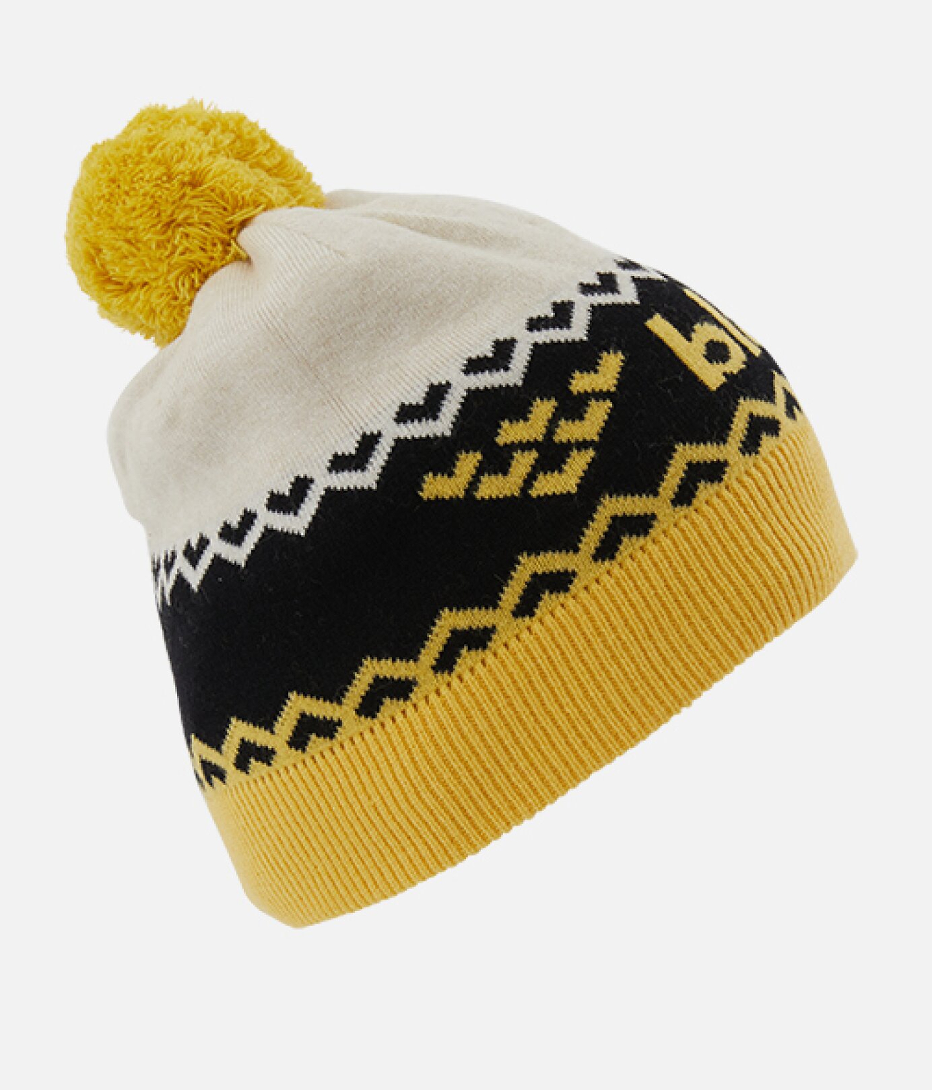 Gelbe Crista Beanie mit Bommel, Chevron Design, schwarz-weißem Muster und Krempe.
