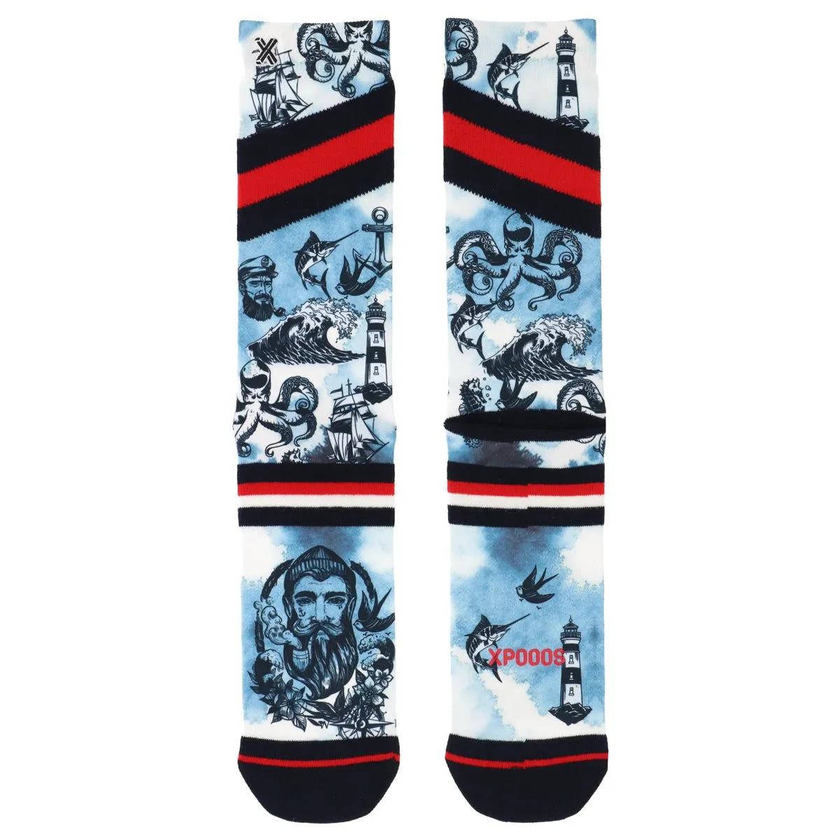 XPOOOS Sailor men's socks, maritime pattern with anchor, lighthouse, ships and octopus on a blue and white background. Red and black ribbons.