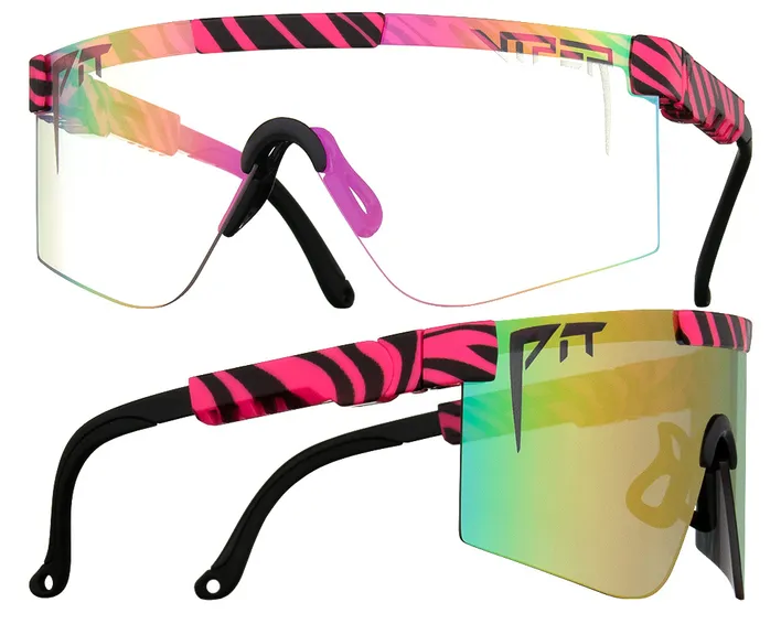 'Hot Tropics' Occhiali da sole fotocromatici con motivo zebrato rosa-nero e lenti colorate in due visualizzazioni.