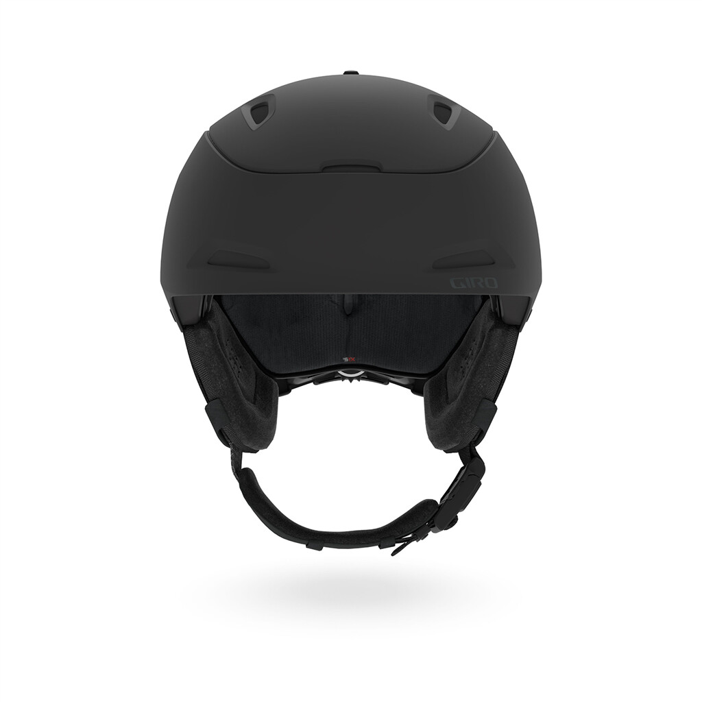 Vue de face du casque de ski noir mat Giro Range MIPS avec coussinets d'oreilles et jugulaire.