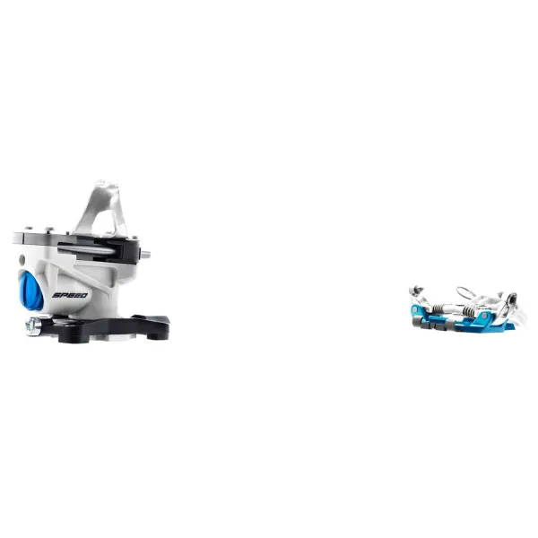White Dynafit TLT Speed Turn 2.0 ski touring binding, front and rear part. Blue detail on the front part.