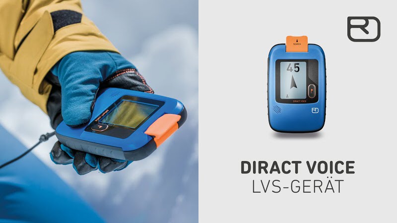 Ortovox Diract LVS-Gerät Blaues Ortovox Diract LVS-Gerät in der Hand mit Displayanzeige. Daneben freigestelltes Diract mit Ortovox Logo.