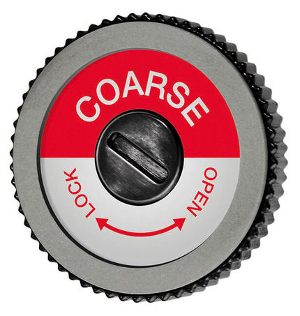 Disque diamant avec commutateur rotatif Disque diamanté rond et grossier avec inscription rouge "Coarse", commutateur rotatif avec indication "Lock" et "Open".