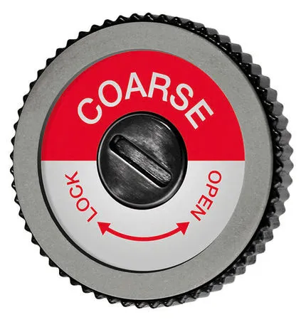 Disco diamantato rotondo e grossolano con scritta rossa "Coarse", interruttore rotante con indicazione "Lock" e "Open".